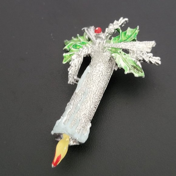 Gerry's Christmas Candle Brooch Pin Sparkly Silver With Holly Leaves Holidays 2" - Picture 4 of 7